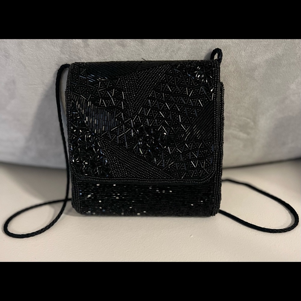Black Beaded Evening Bag - Approx. 7” x 6-1/2” / Strap 21”